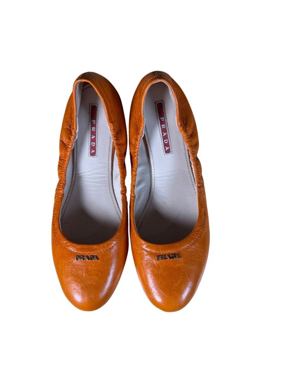 Prada Papaya Orange Leather Scrunch Ballet Flats Vit Shine 2 Shoes Size 36.5